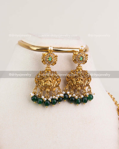 1240-G matching temple jhumka earrings with green bead and pearl drops close-up