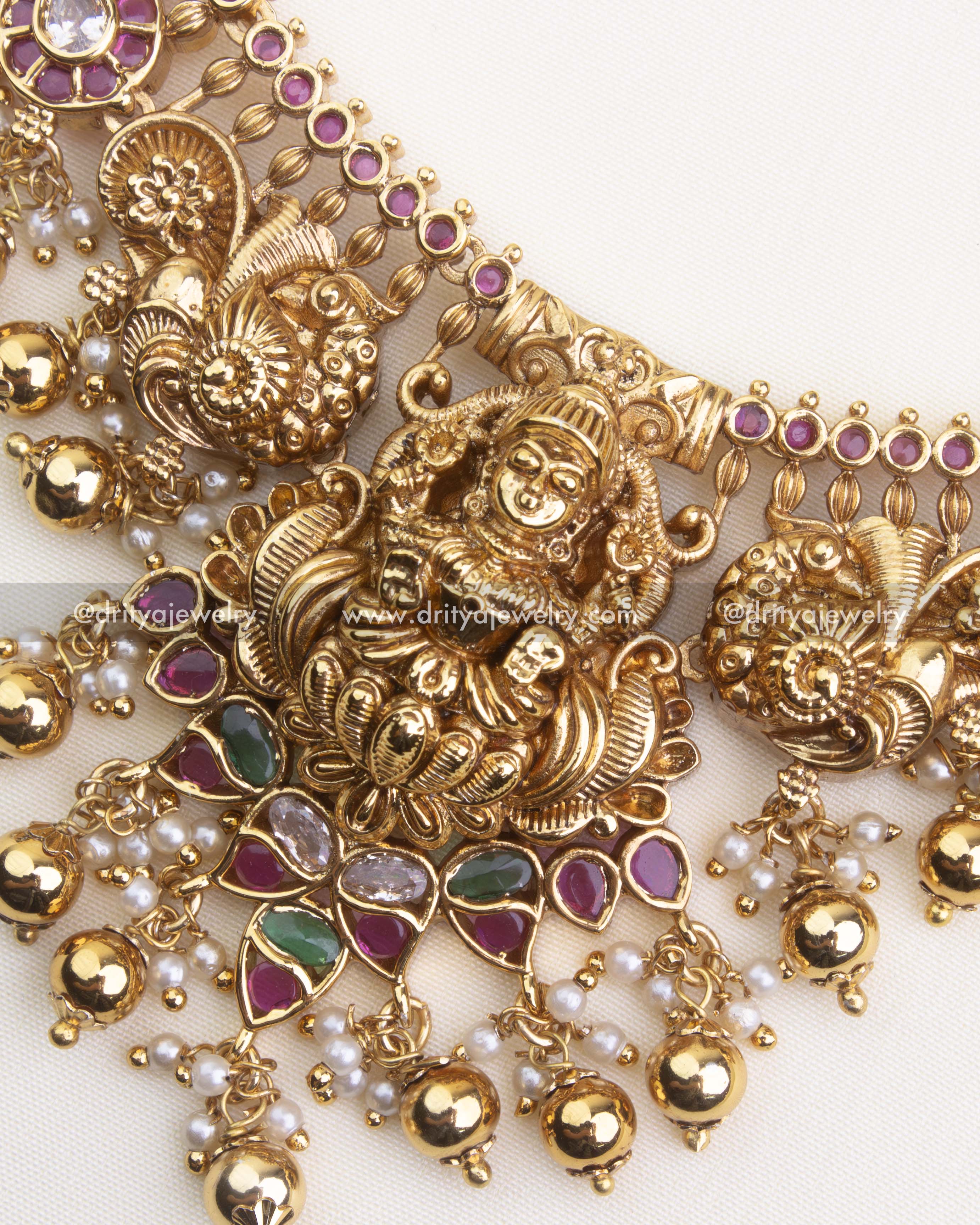 SKU 1105 Necklace Set - Close-up of central god idol pendant with multi-colour stones and pearl-like bead clusters