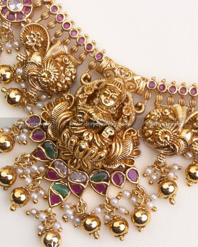 SKU 1105 Necklace Set - Close-up of central god idol pendant with multi-colour stones and pearl-like bead clusters