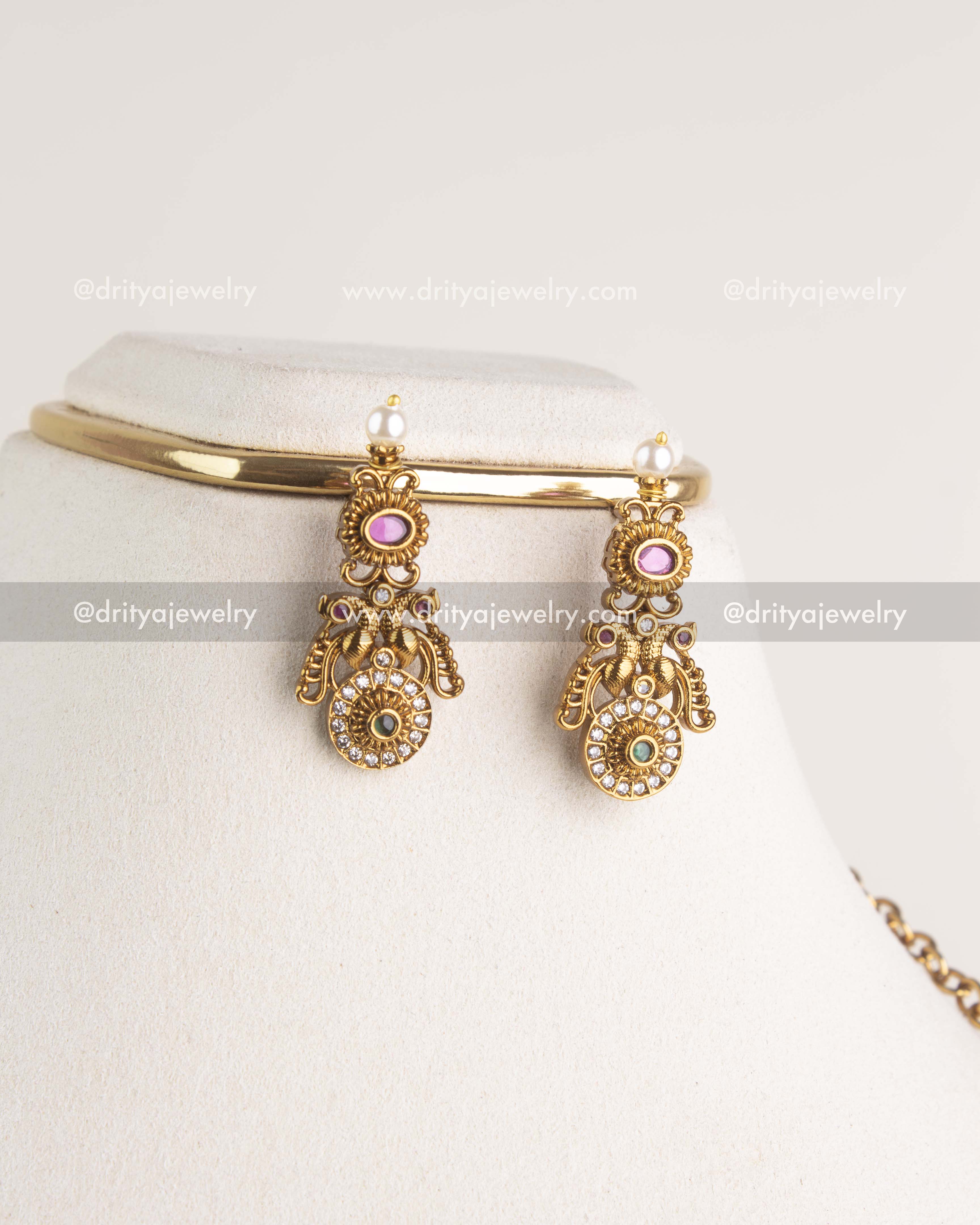 SKU 1159 Necklace Set close-up of matching antique finish drop earrings with pearl tops