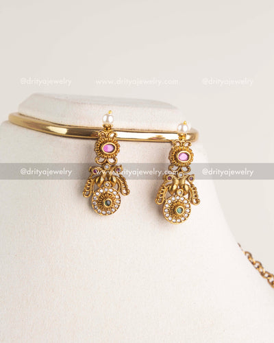 SKU 1159 Necklace Set close-up of matching antique finish drop earrings with pearl tops
