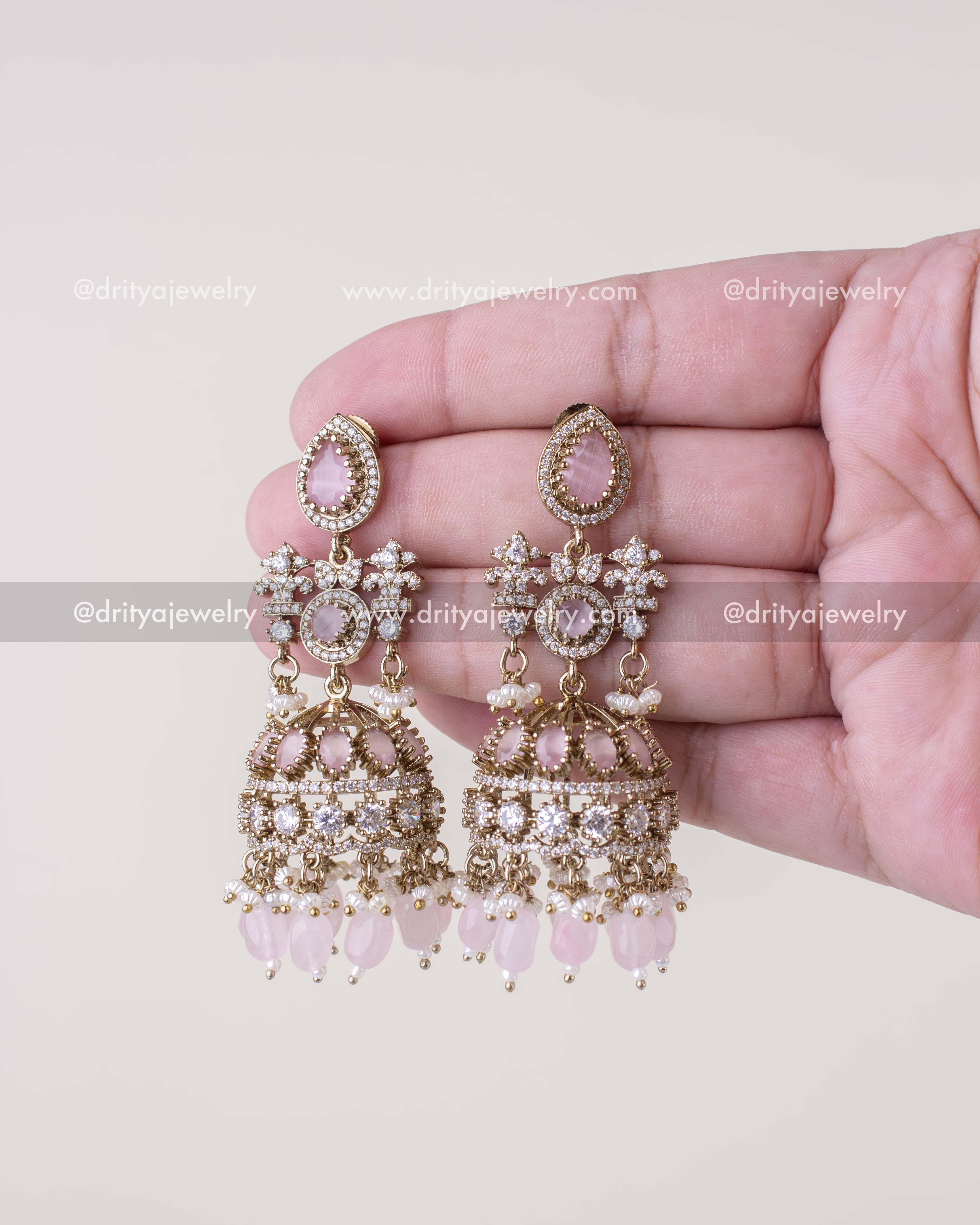 1257-BP premium Victorian bridal light pink stone jhumka earrings front view held in hand