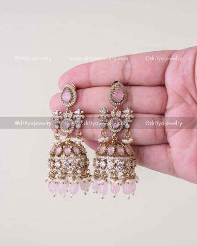 1257-BP premium Victorian bridal light pink stone jhumka earrings front view held in hand