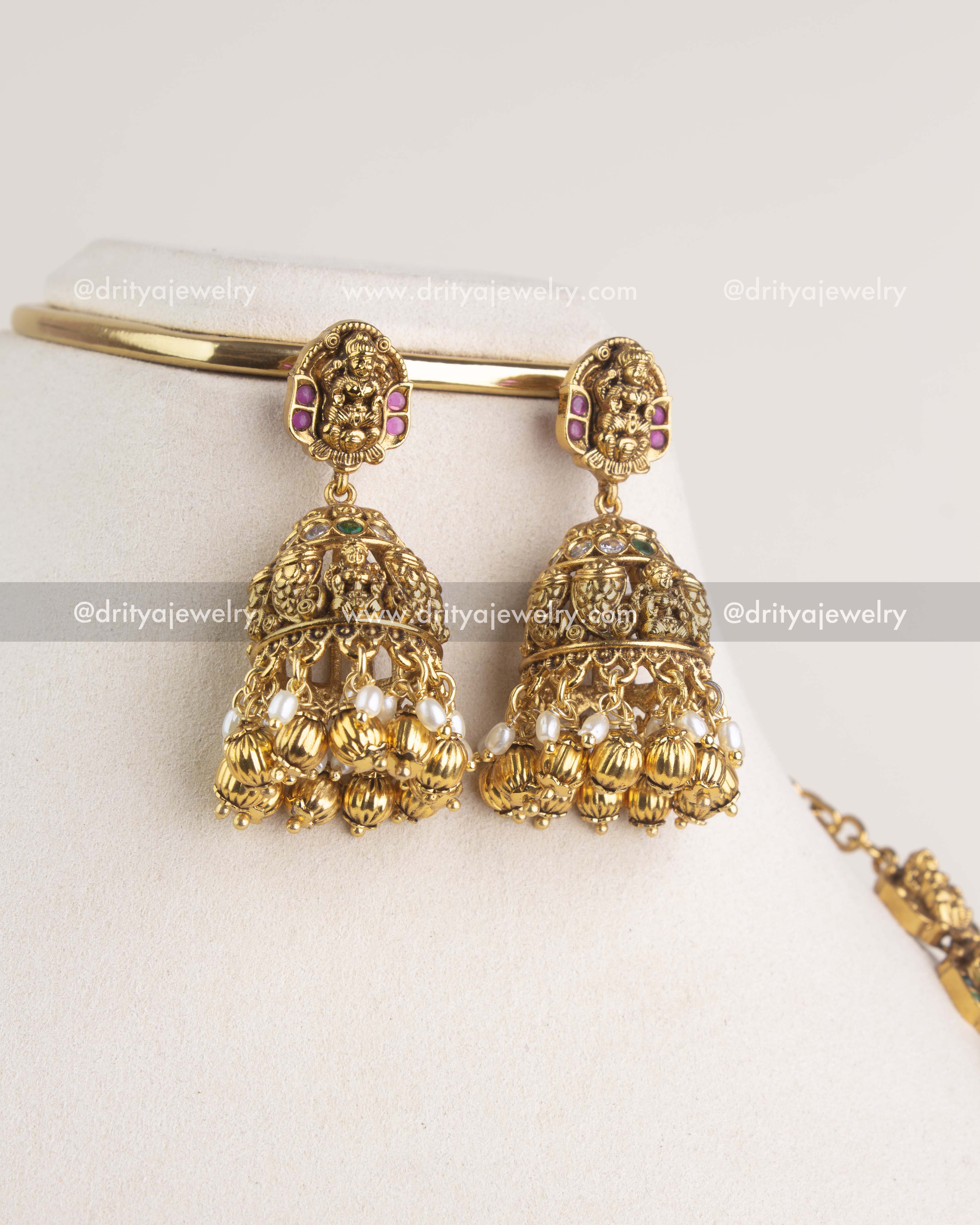 SKU 1162 Necklace Set matching jhumka earrings with idol studs and bead drops