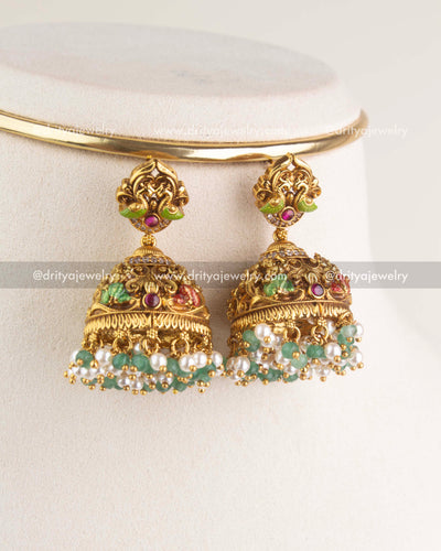 SKU 1181 Necklace Set close-up of matching temple-style jhumka earrings