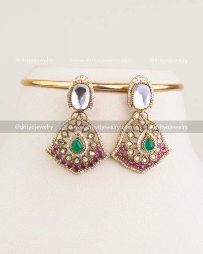 SKU 1234 matching Kundan dangler earrings with green and pink stones front view