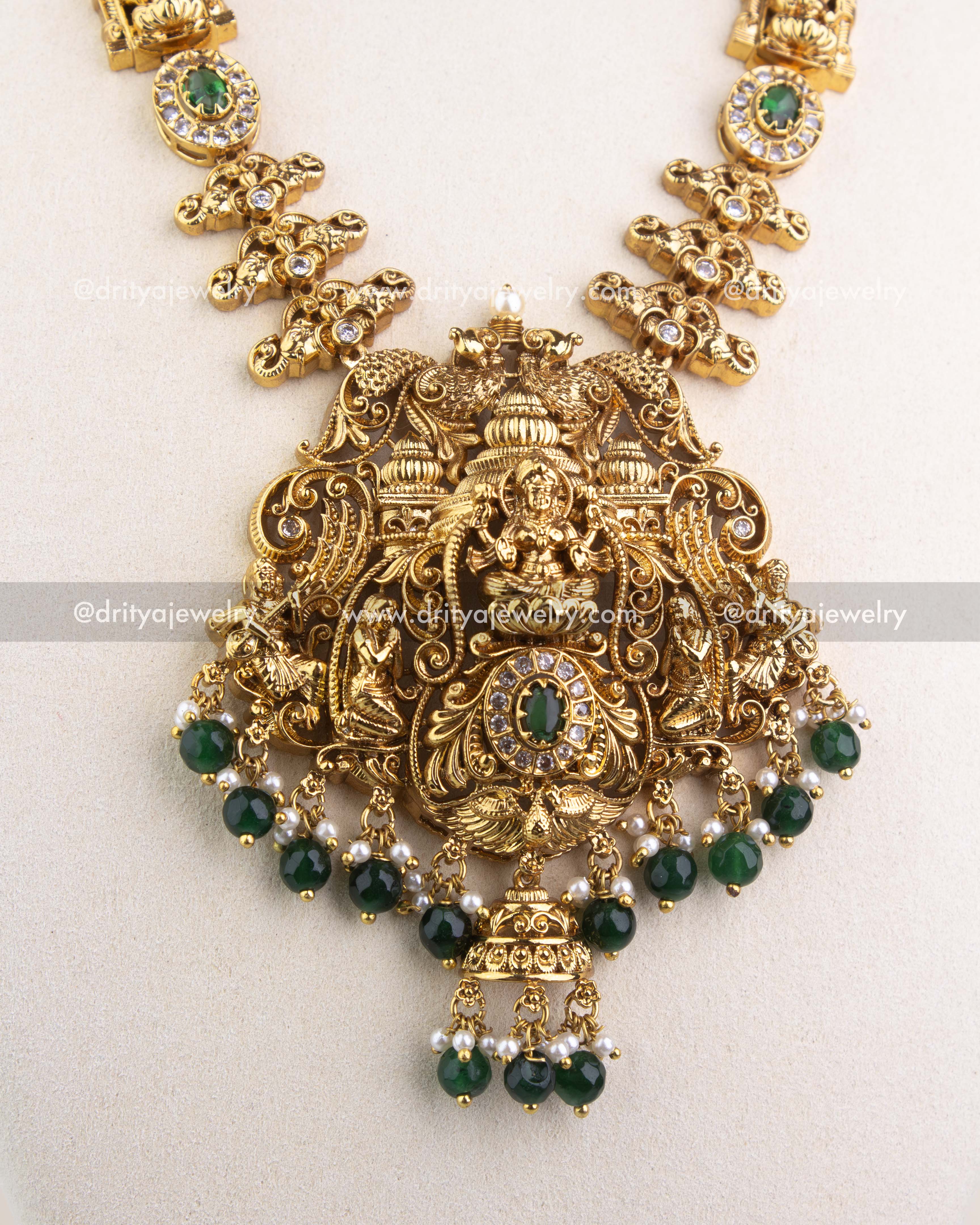 1240-G close-up of ornate Lakshmi temple pendant with emerald green bead and pearl drops