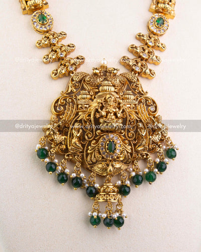 1240-G close-up of ornate Lakshmi temple pendant with emerald green bead and pearl drops
