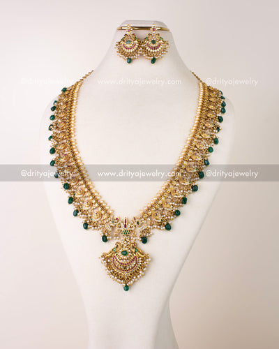 1261-G full view of premium mango design long necklace set with earrings