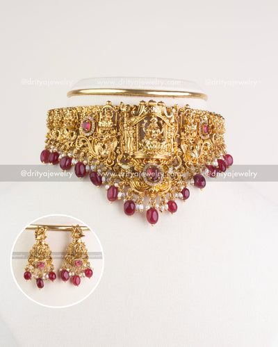 Temple choker necklace set with inset image of coordinating ruby drop earrings