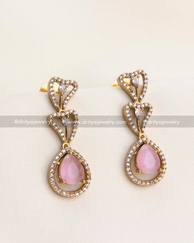 1152-BP - Necklace Set - Close-up front view of earrings with mint teardrop stones and stone-studded hearts