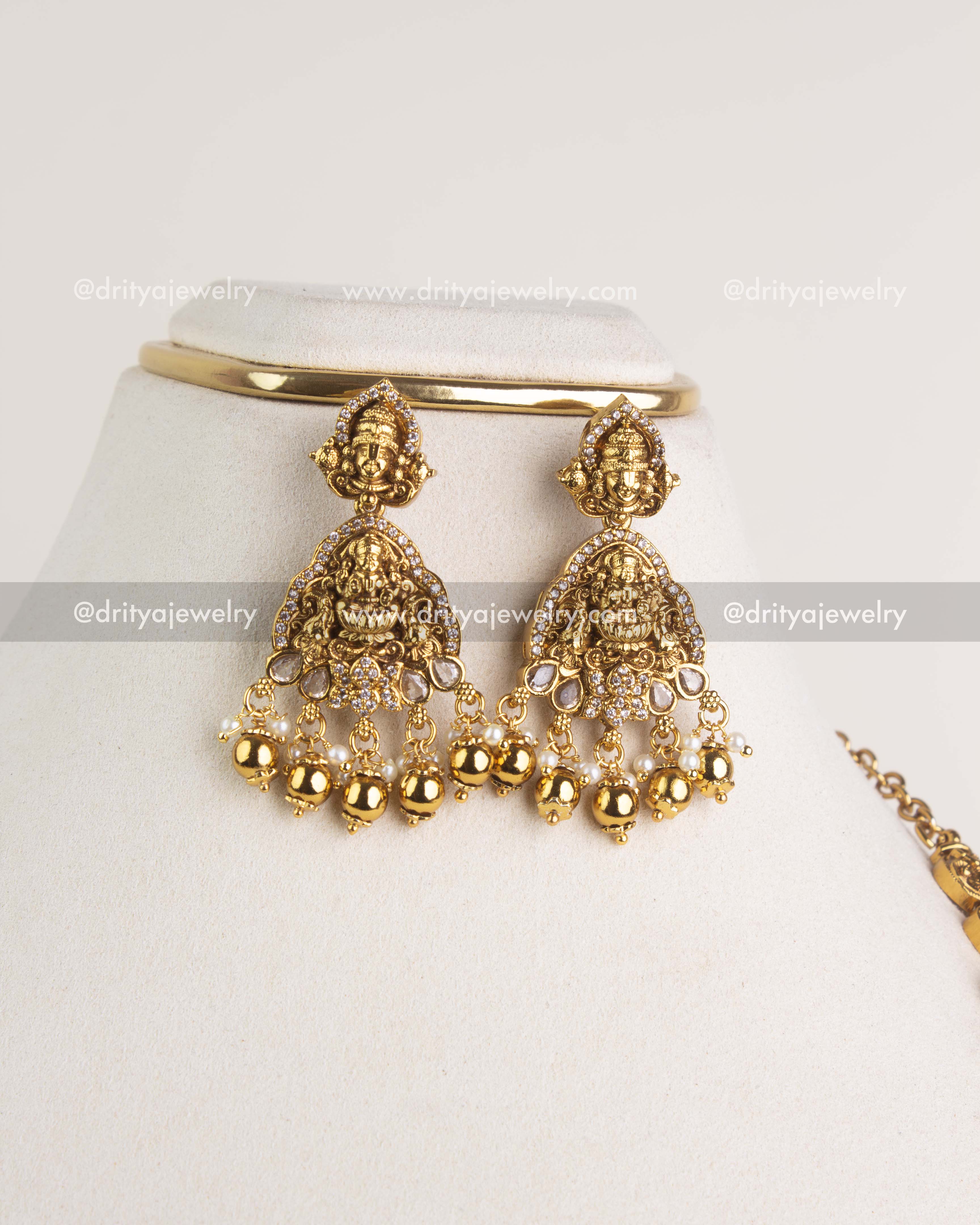 SKU 1189 Necklace Set close-up of matching god idol earrings with bead drops
