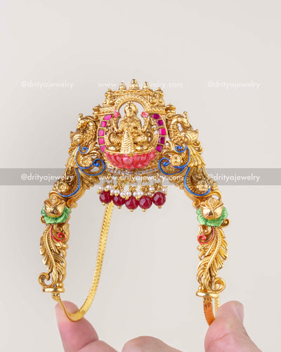 1283 - Front view of Lakshmi temple ara vanki bangle with meenakari and bead drops