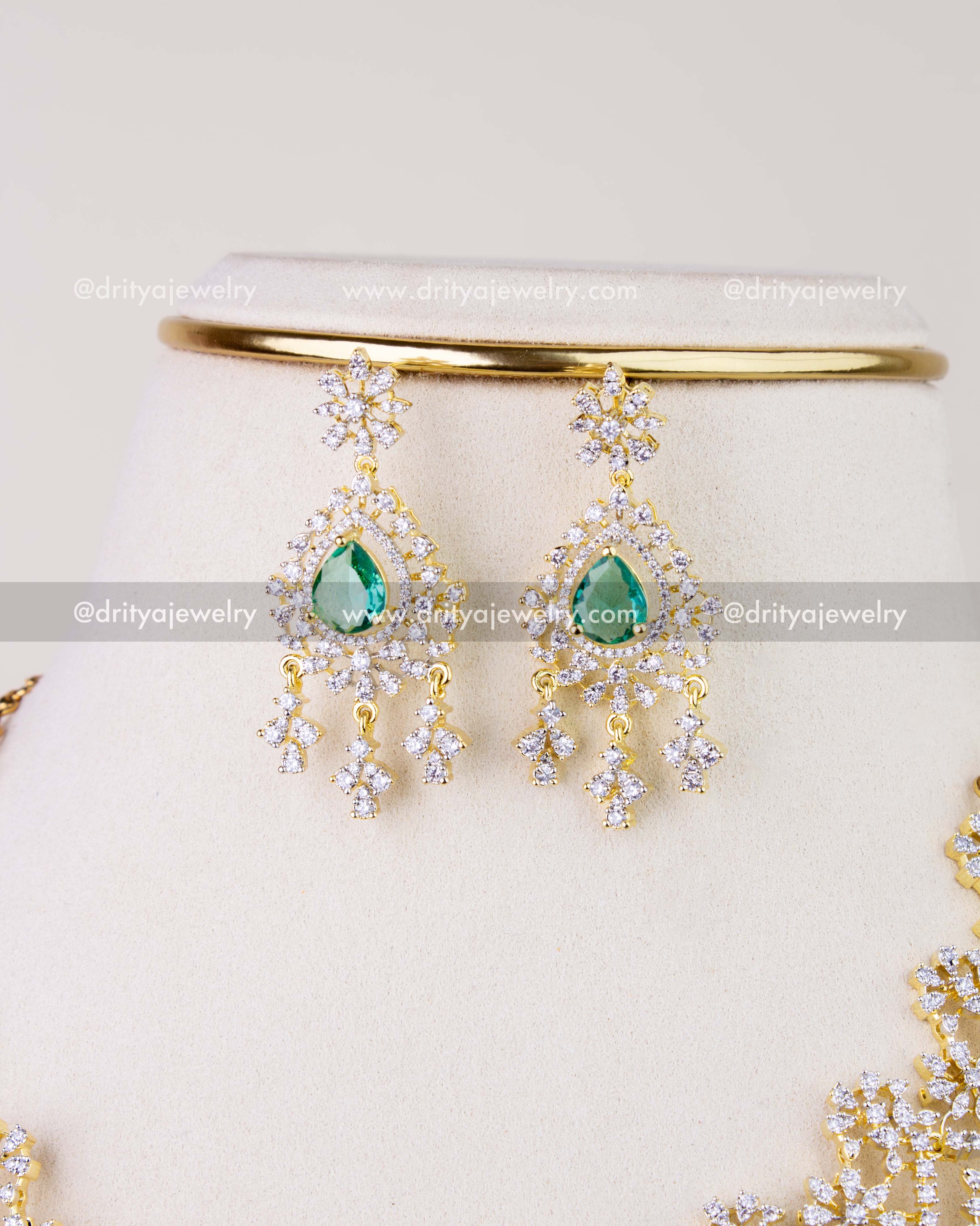 1278-RE close-up of emerald CZ chandelier earrings from necklace set