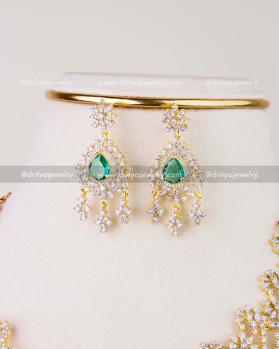 1278-RE close-up of emerald CZ chandelier earrings from necklace set