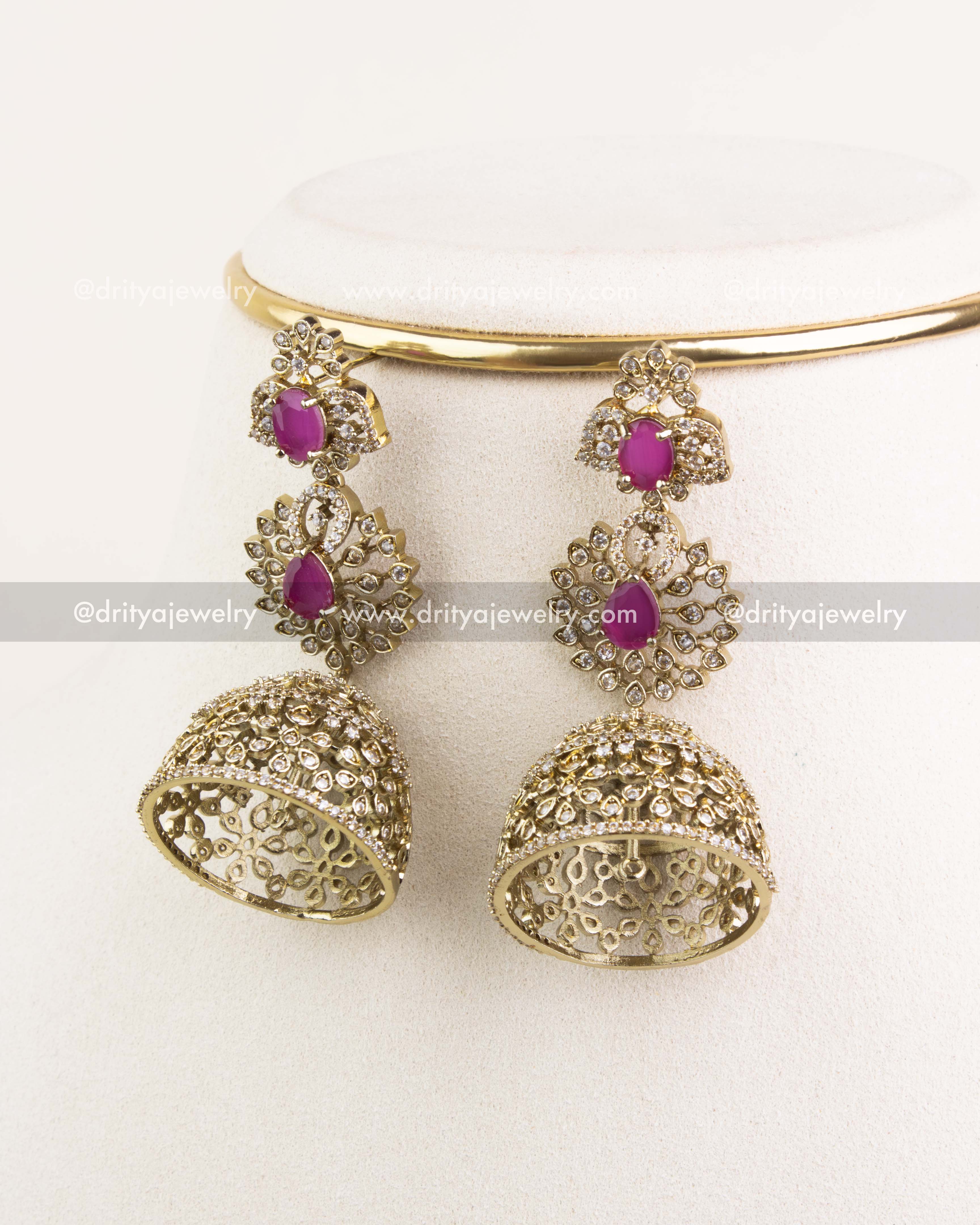 1235-P Victorian jhumka earrings with pink stones front view