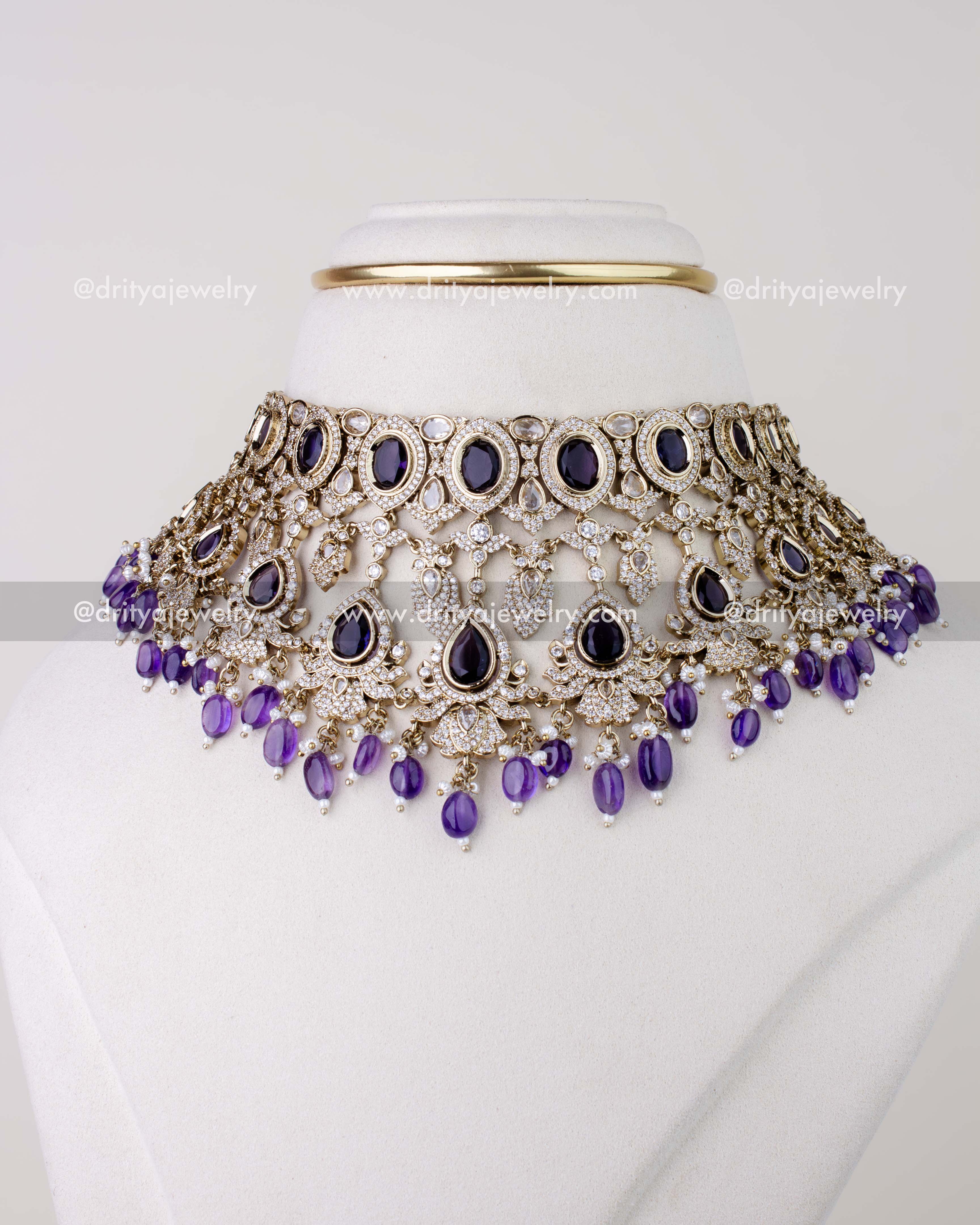 1275-PU Victorian purple stone choker necklace full front display