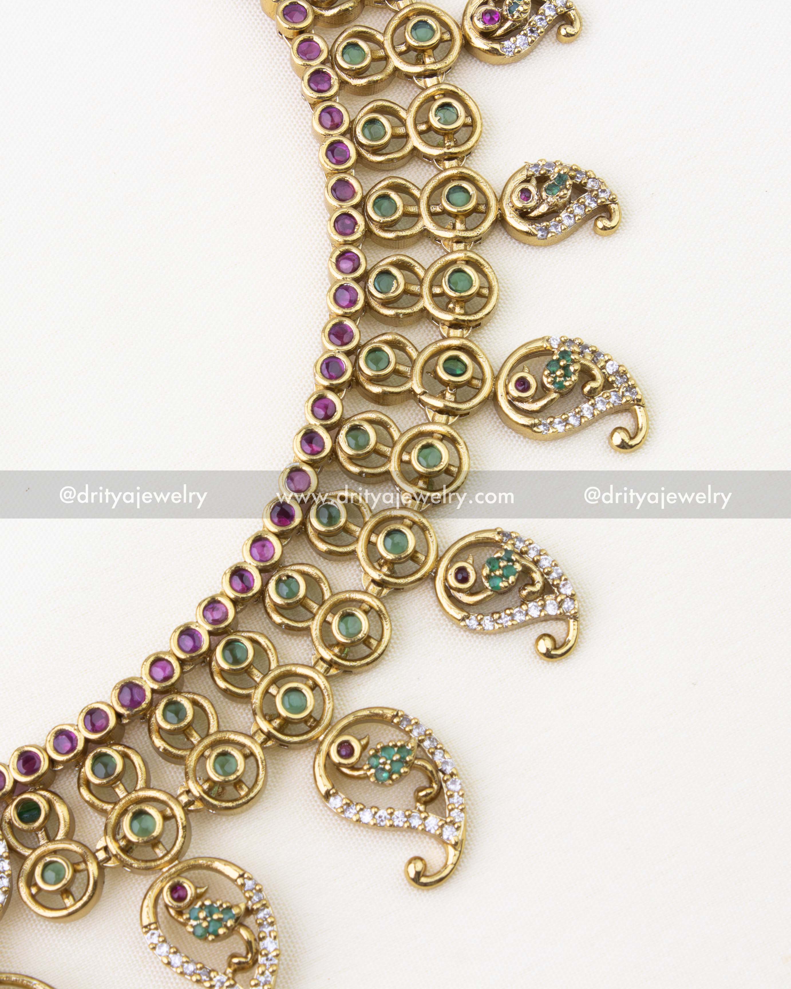 SKU 1290 close-up of side of necklace showing circular links and paisley drops