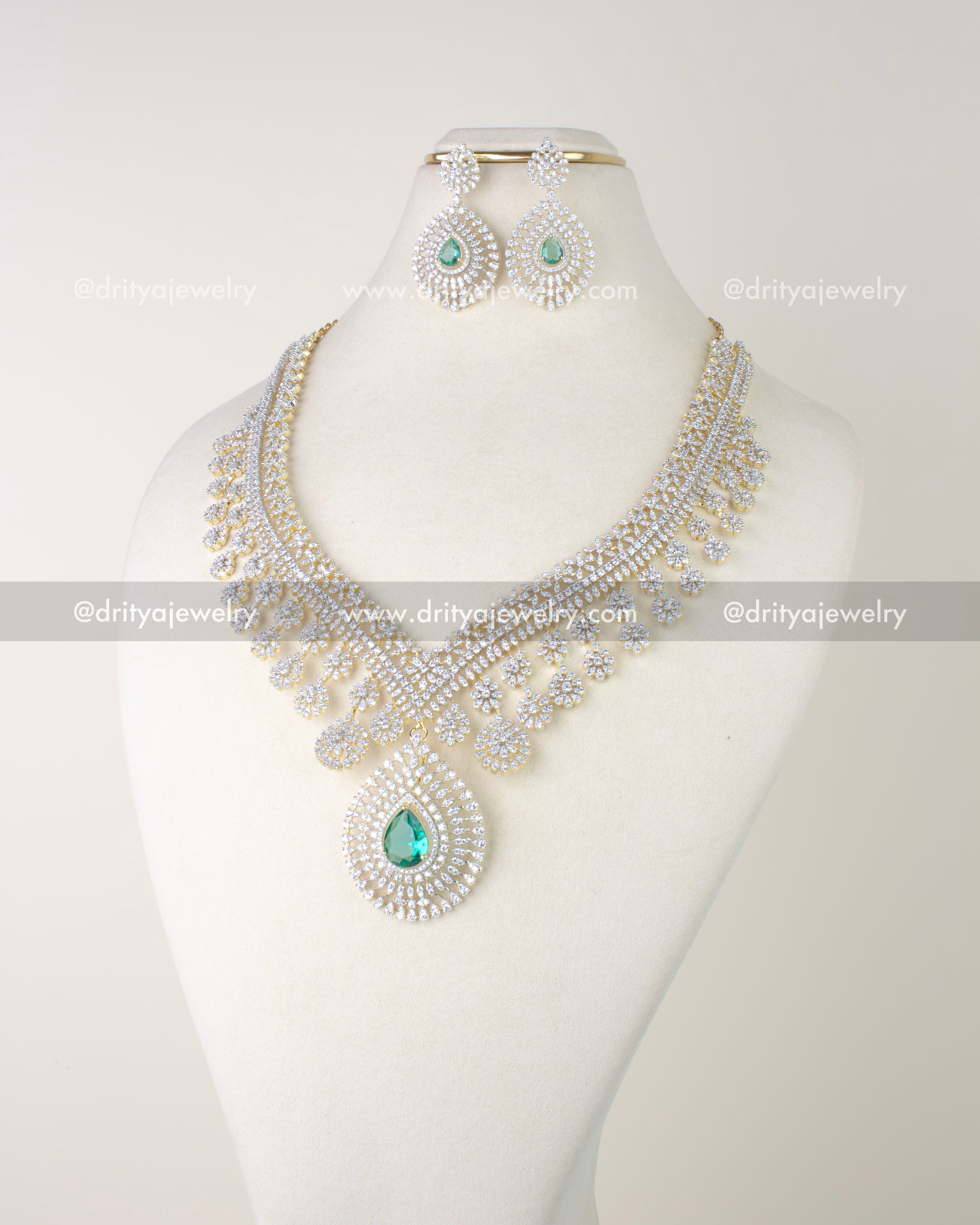 1214-RE full emerald CZ long necklace set with earrings on bust