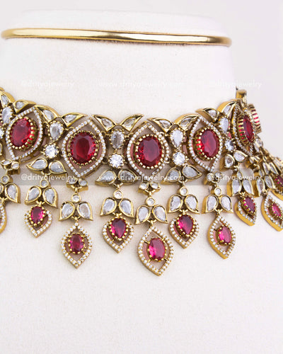 1236-R side angle view of layered drops on Victorian red stone choker necklace