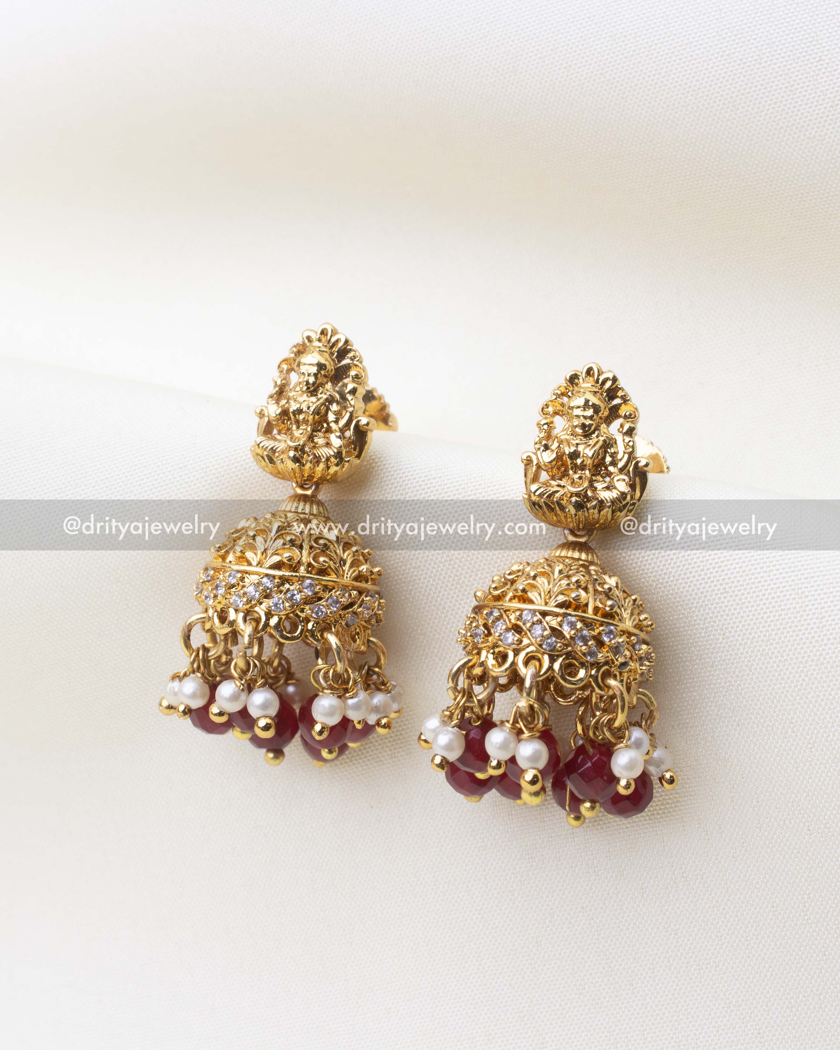 1101-R Lakshmi temple jhumka earrings with red beads and pearl drops front view