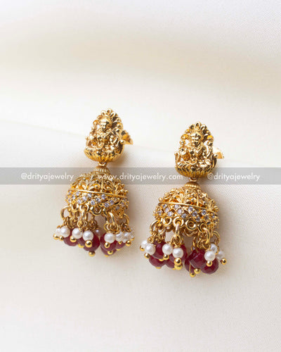 1101-R Lakshmi temple jhumka earrings with red beads and pearl drops front view