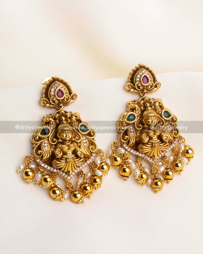 SKU 1167 temple earrings front view with god idol motif and bead drops