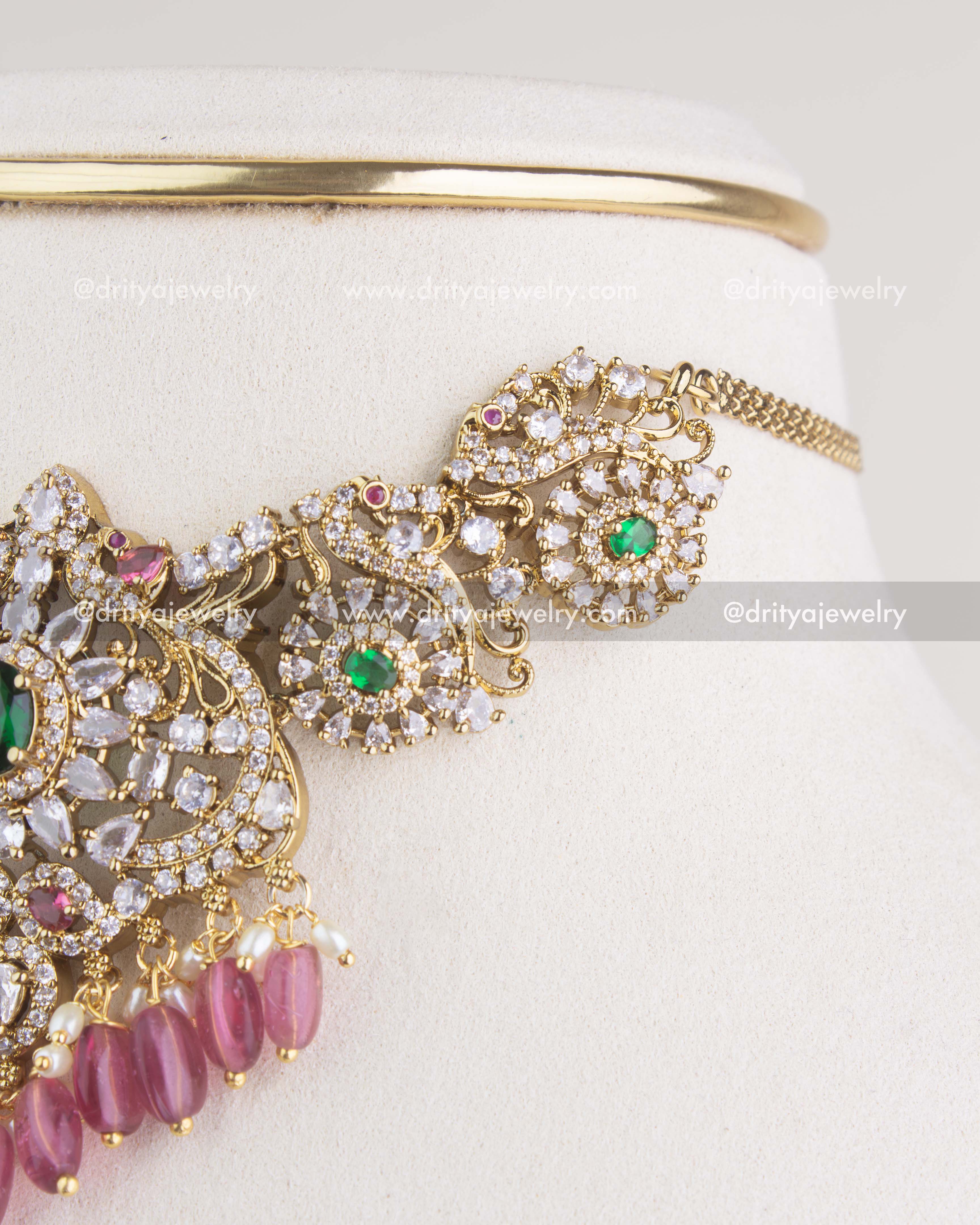 SKU 1150 Necklace Set side detail of choker links with green CZ centres