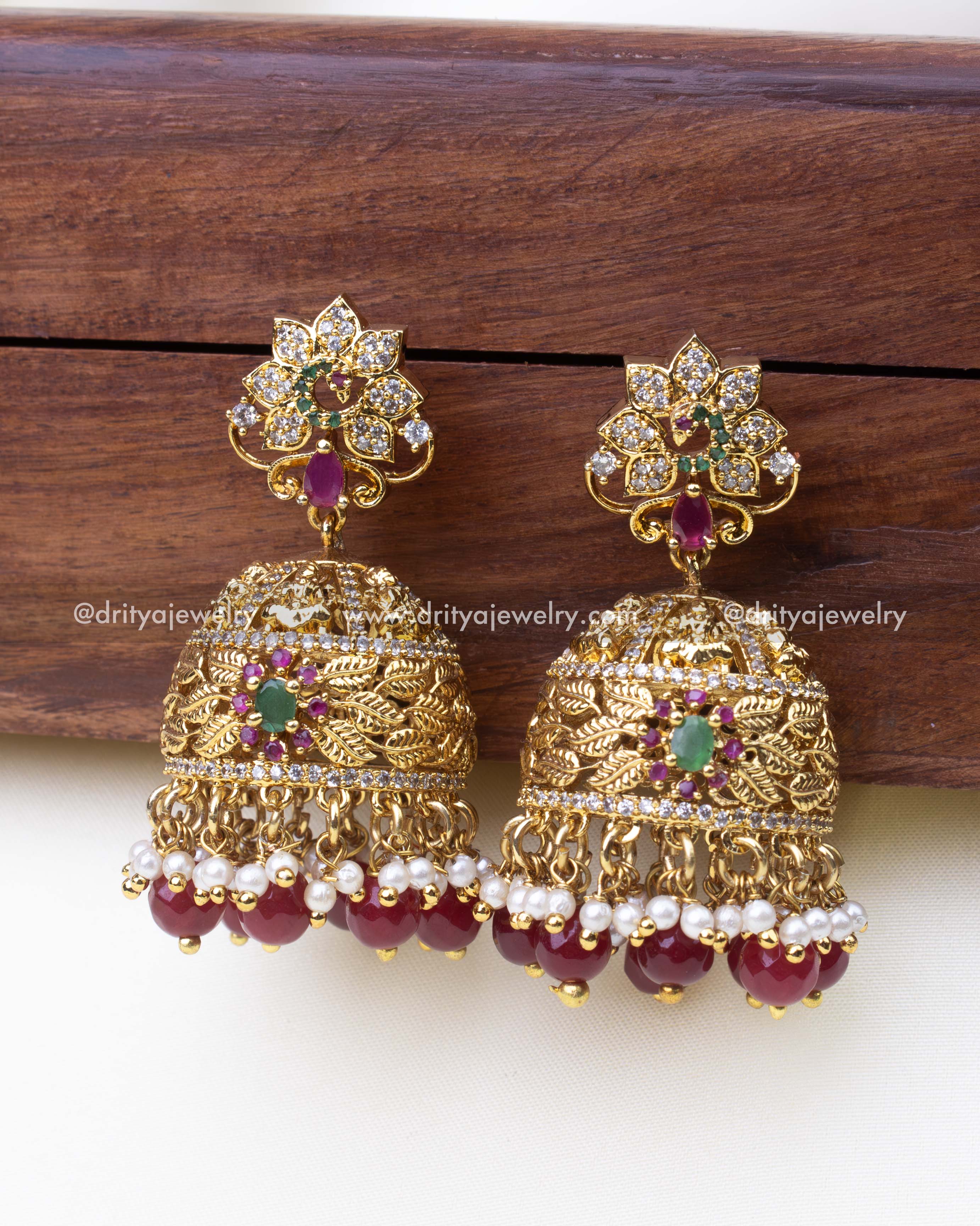 1241-R premium temple jhumka earrings front view with ruby and pearl bead drops