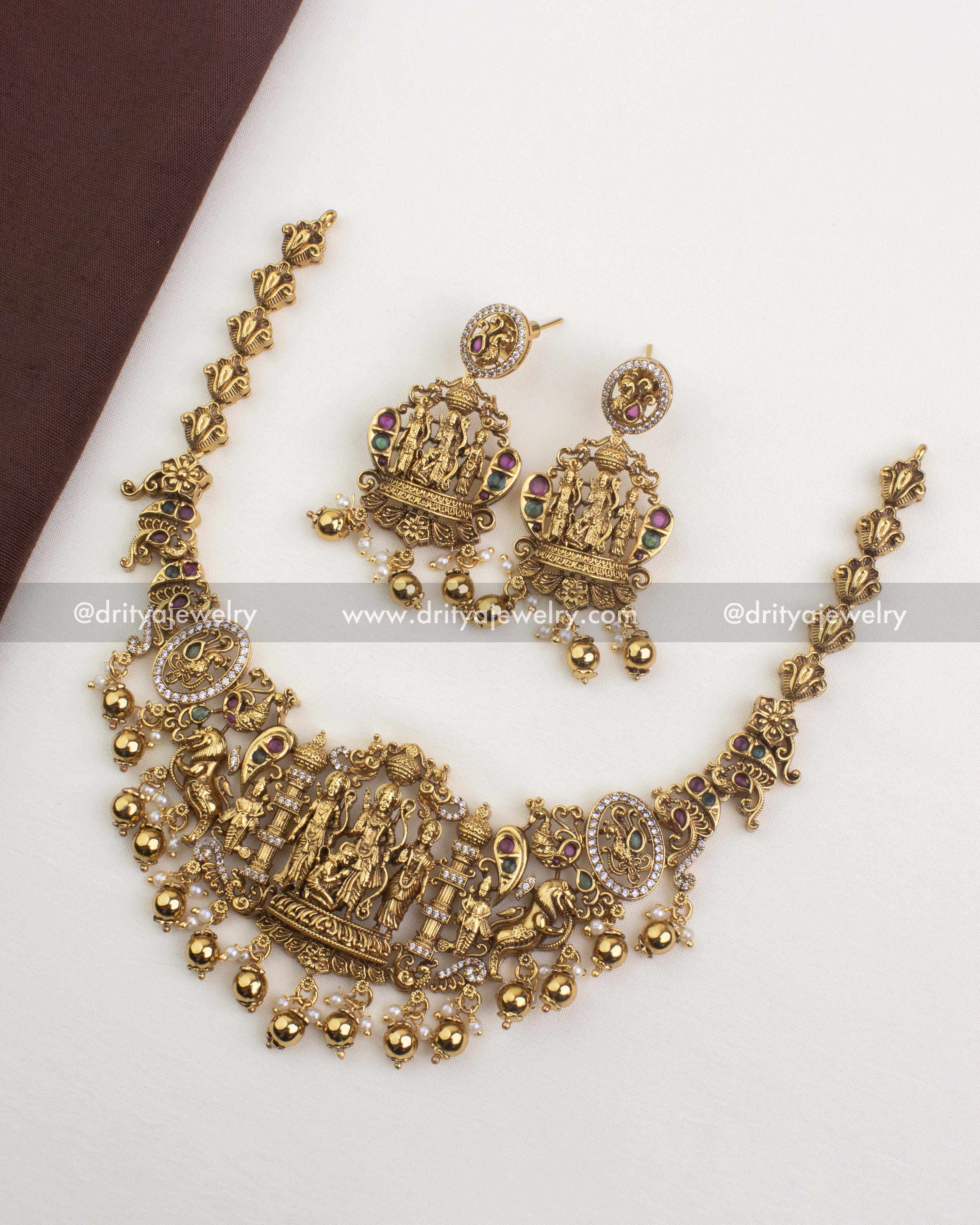SKU 1247 Ram Parivar short antique necklace set with earrings laid flat