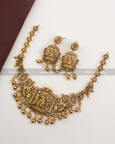 SKU 1247 Ram Parivar short antique necklace set with earrings laid flat