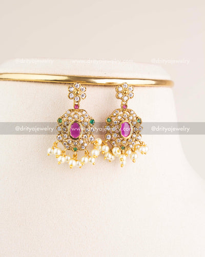 SKU 1140 Necklace Set close-up of matching stone-studded earrings with pearl drops