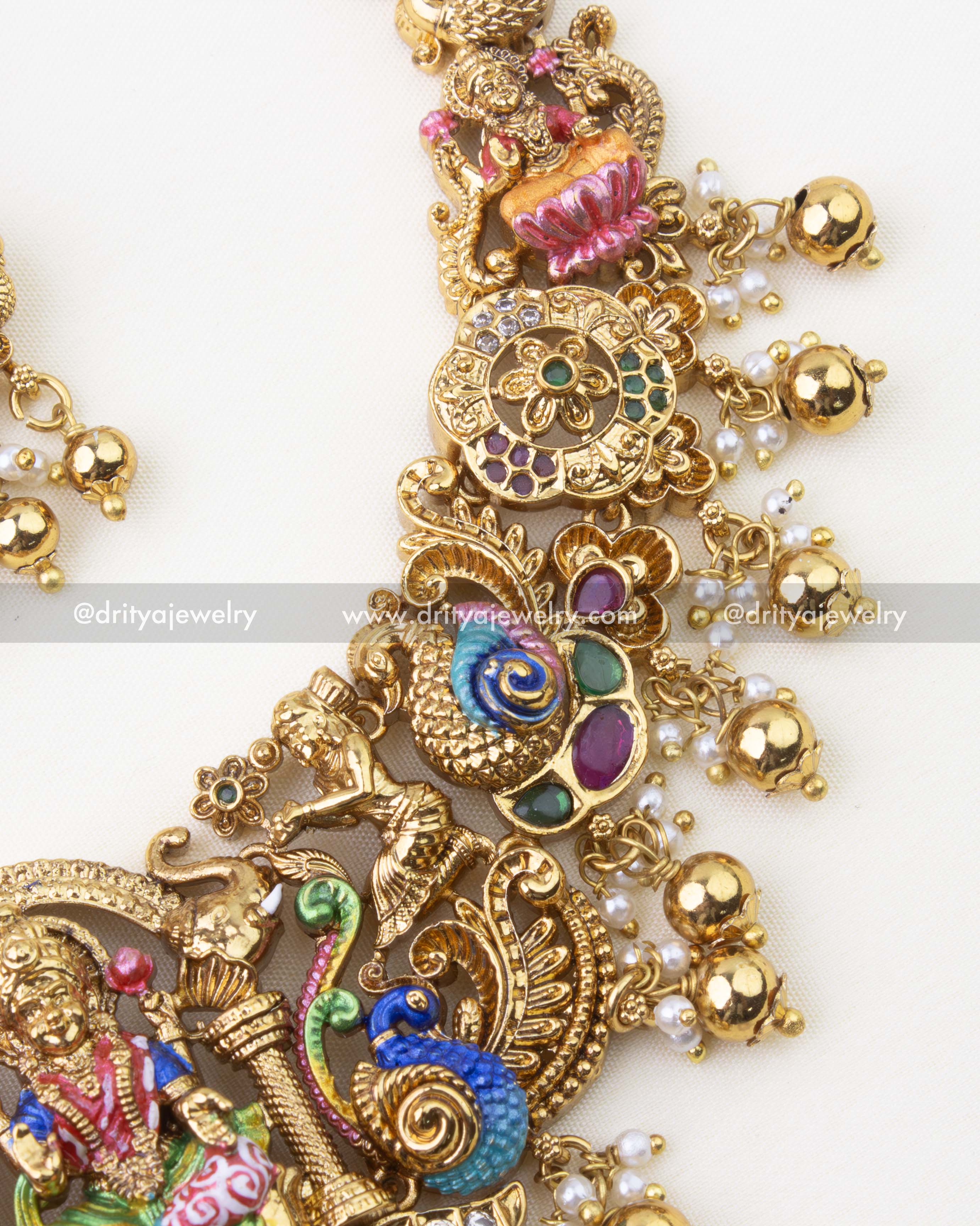 SKU 1280 close-up of meenakari peacock and floral detailing on Lakshmi necklace