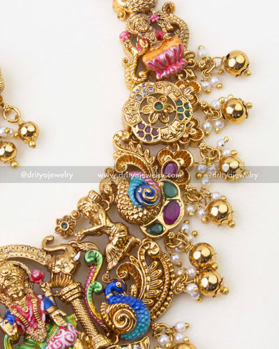 SKU 1280 close-up of meenakari peacock and floral detailing on Lakshmi necklace