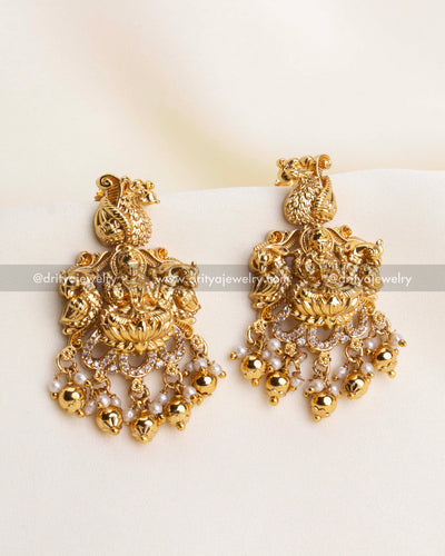 SKU 1121 Necklace Set - Close-up front view of god idol temple dangler earrings with bead drops