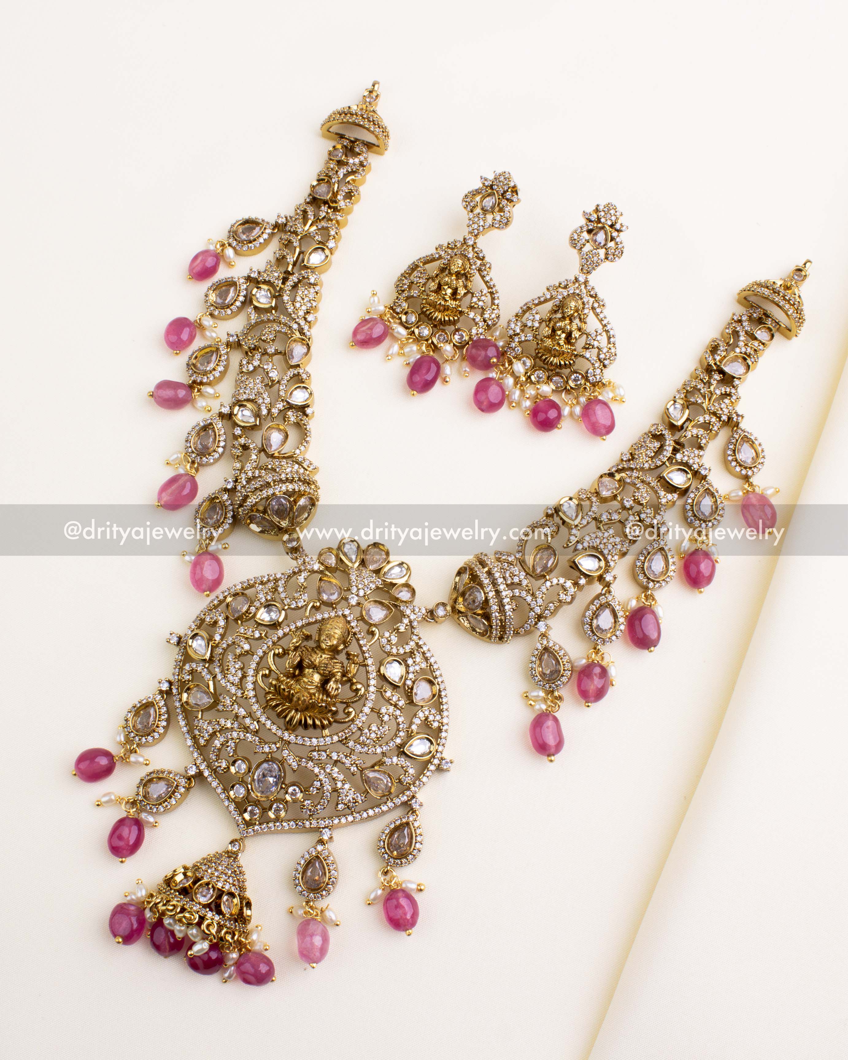 SKU 1188 - Complete Victorian temple necklace set with matching earrings and pink beads