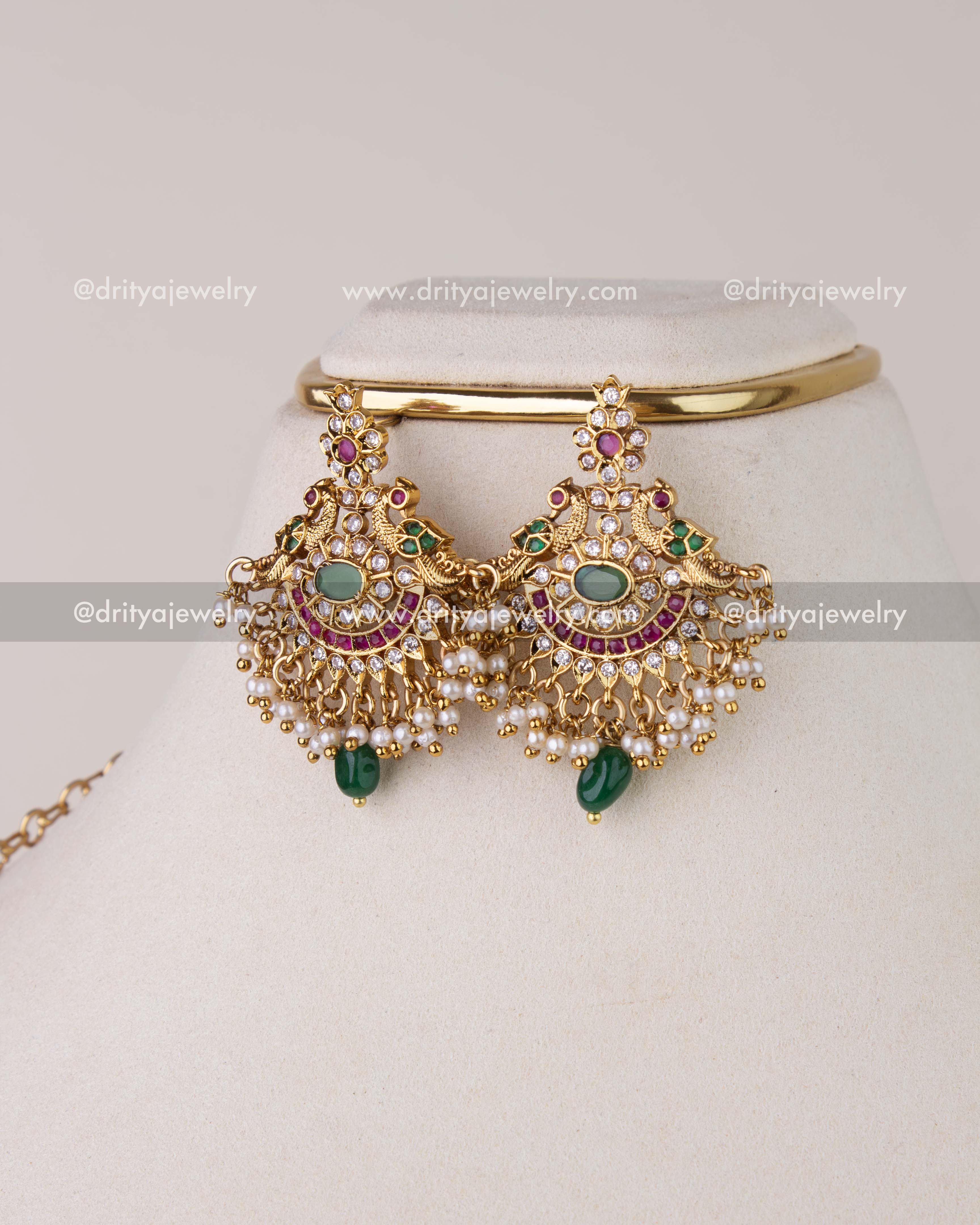 1261-G emerald and pearl chandelier earrings from mango design necklace set