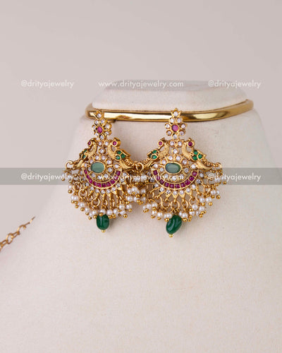 1261-G emerald and pearl chandelier earrings from mango design necklace set