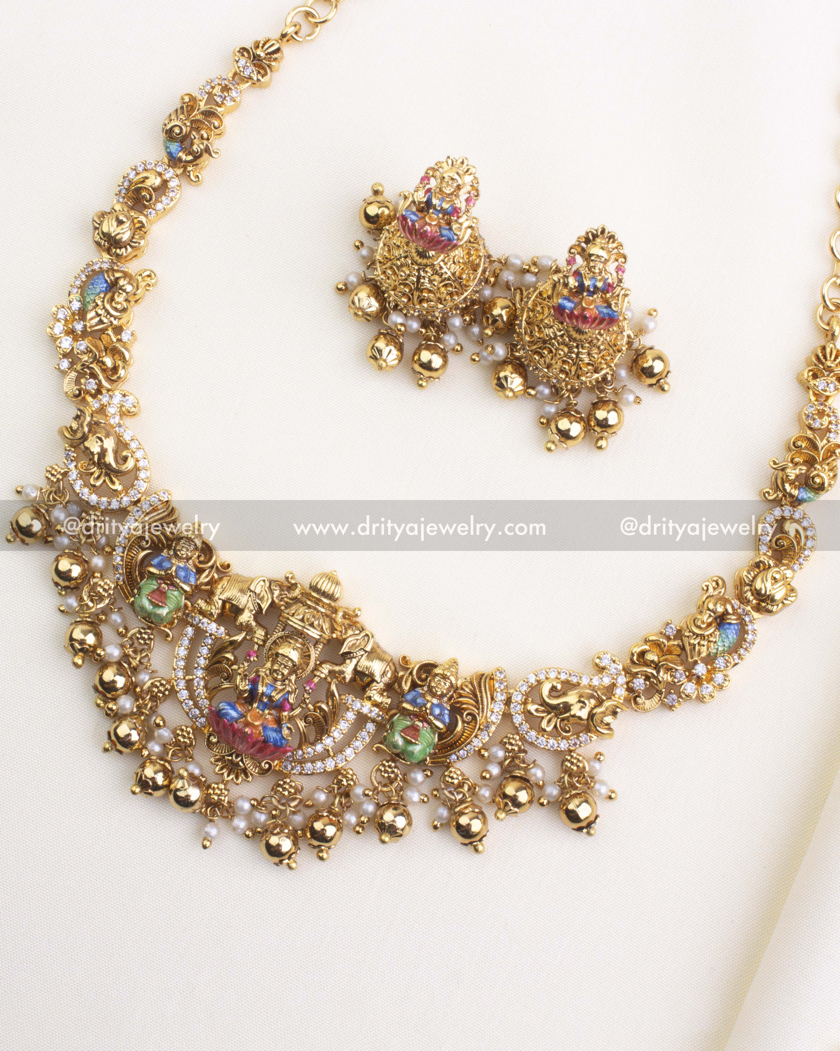 SKU 1101 Necklace Set - Full short temple necklace with matching Lakshmi jhumka earrings