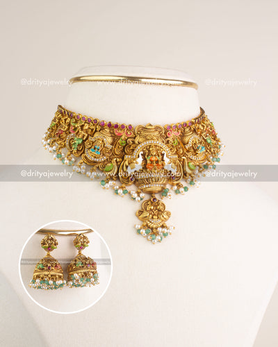 SKU 1181 Necklace Set front view showing god idol choker with matching jhumka earrings inset