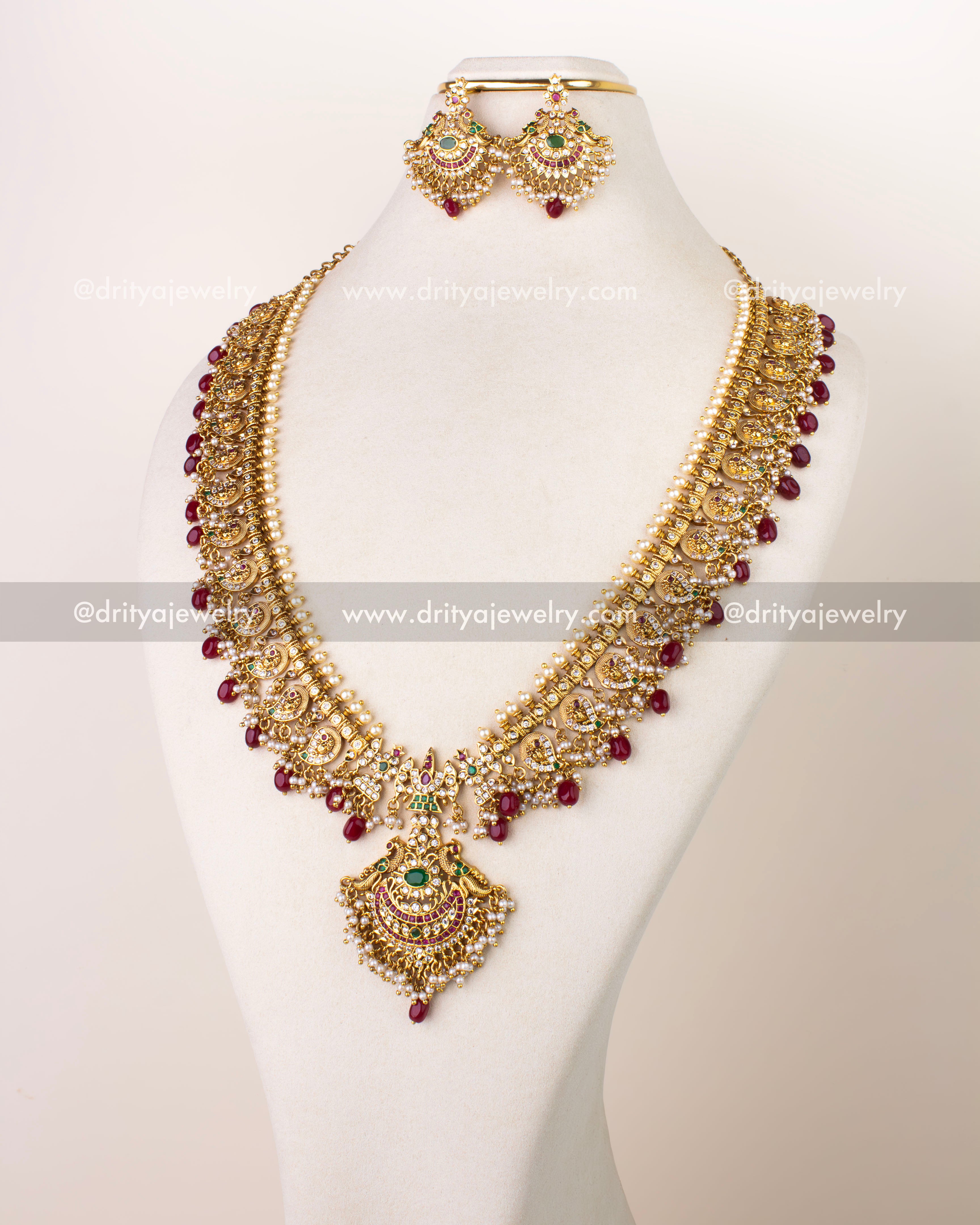 1261-R premium mango design ruby long necklace set with matching earrings