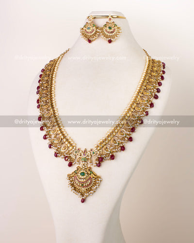 1261-R premium mango design ruby long necklace set with matching earrings