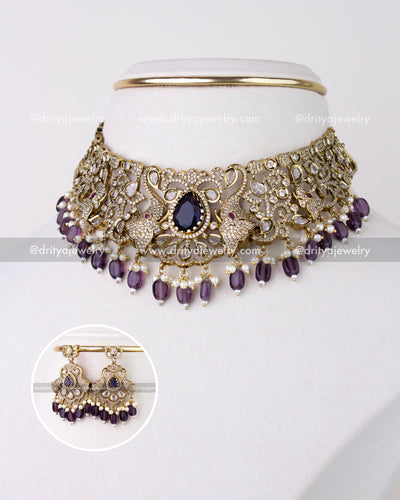1309-PUCN Victorian purple stone choker necklace set with matching earrings front view