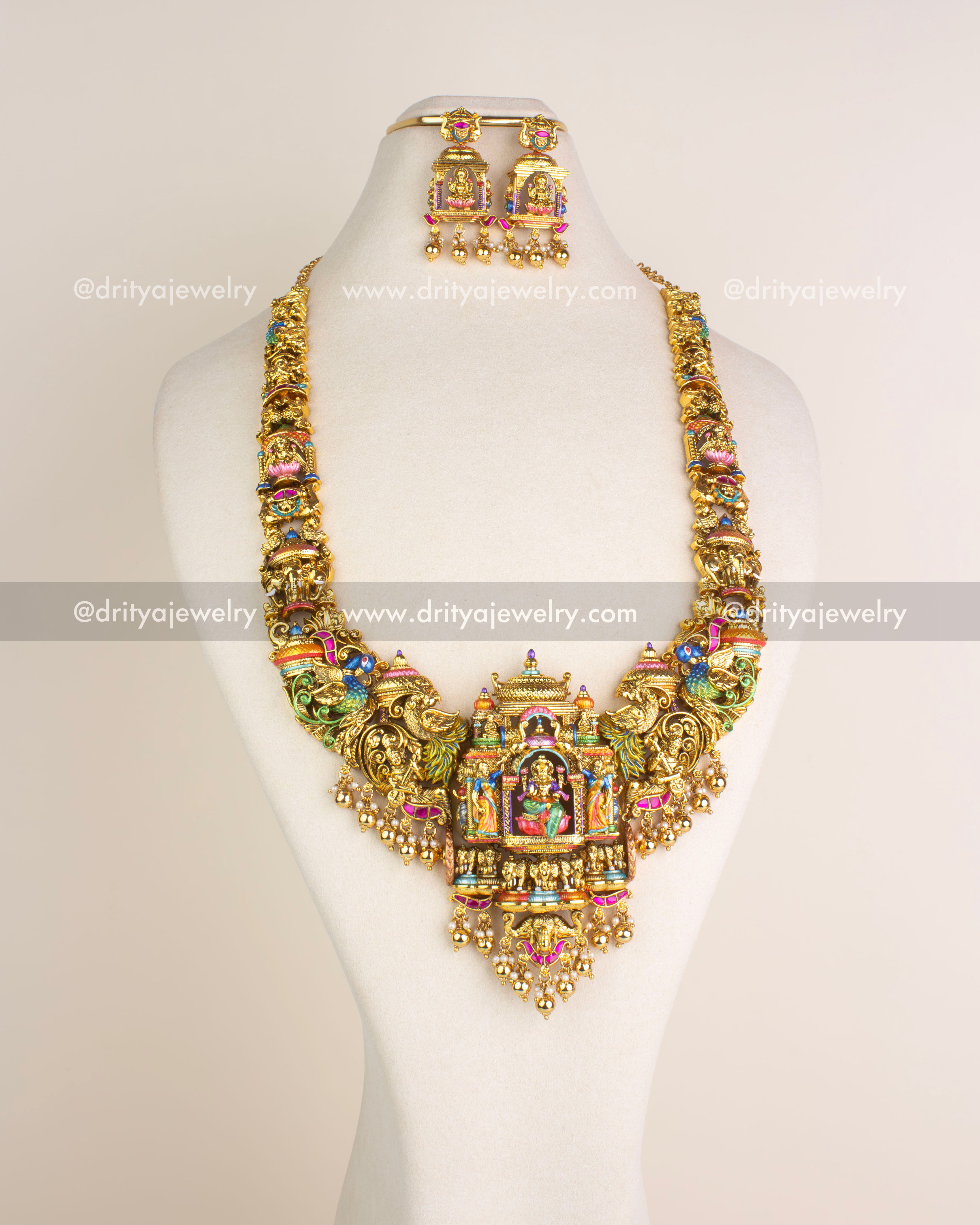 SKU 1118 Necklace Set straight front view highlighting central god idol pendant and earrings