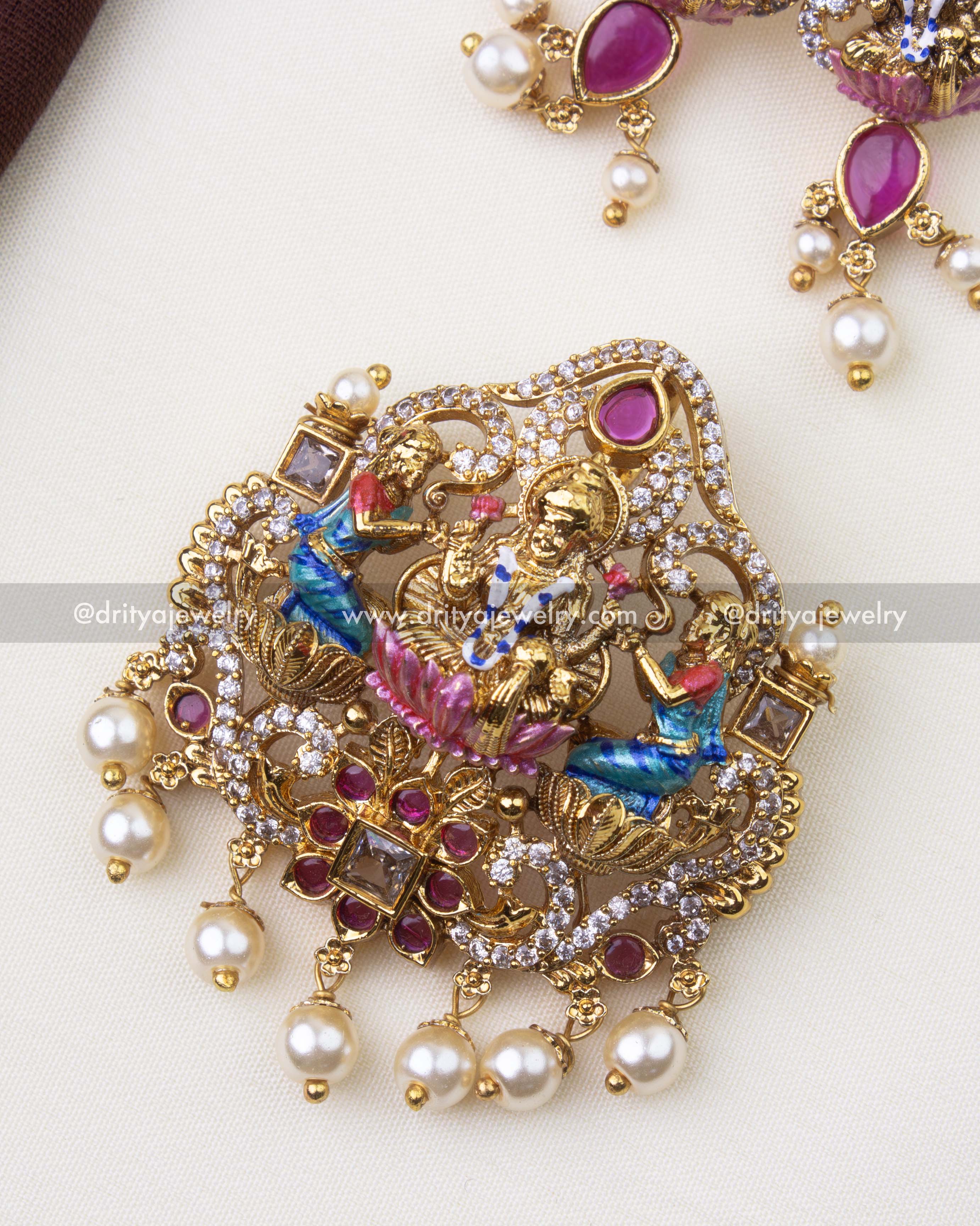 SKU 1218 close-up of meenakari Lakshmi Devi temple pendant with pearls and ruby accents