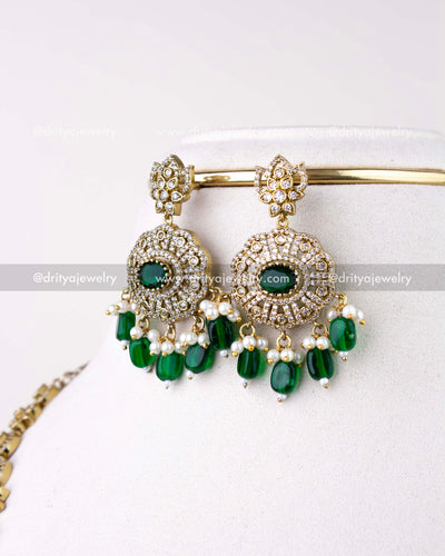 1309-GL emerald green stone Victorian dangler earrings front view