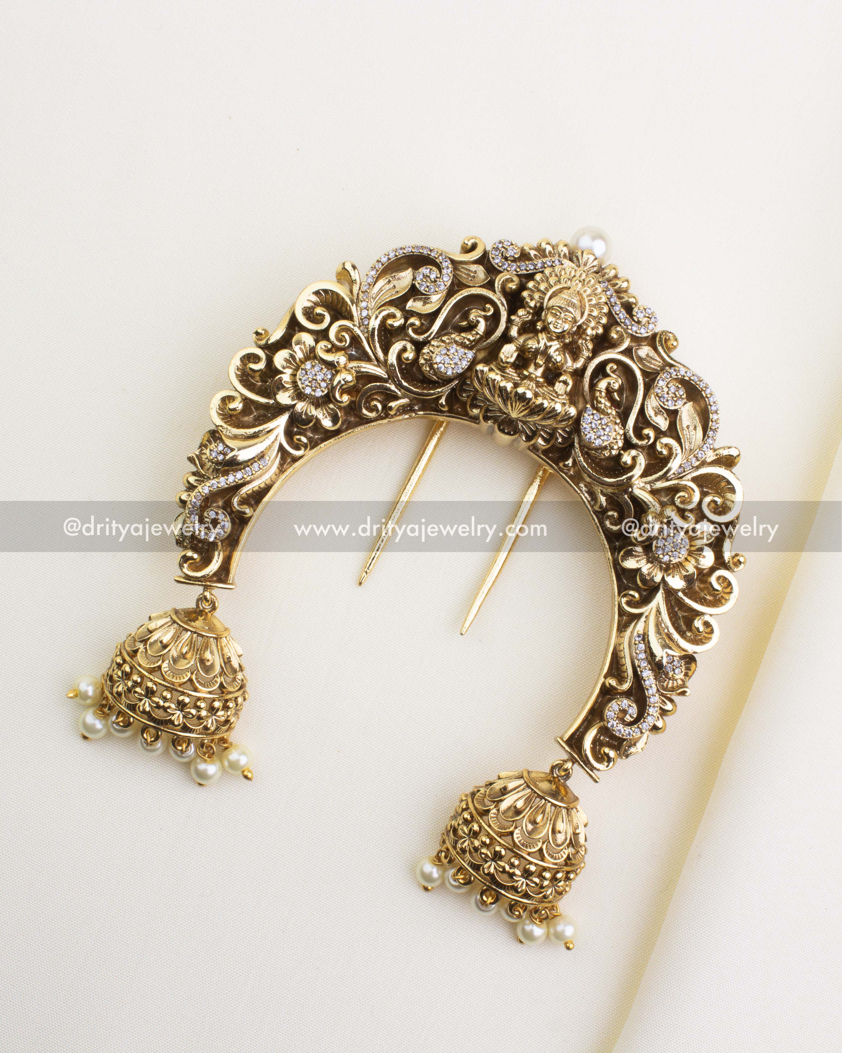 1141 - Hair Pin - Full view of curved nakshi hair brooch with god idol and jhumka pearl drops