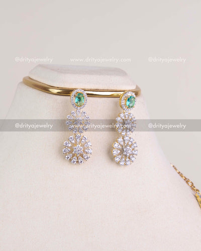 1215-RE matching emerald and CZ floral dangler earrings in dual-tone finish