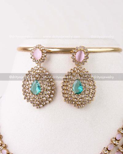 1296-BP layered necklace set earrings close-up with mint teardrop centers