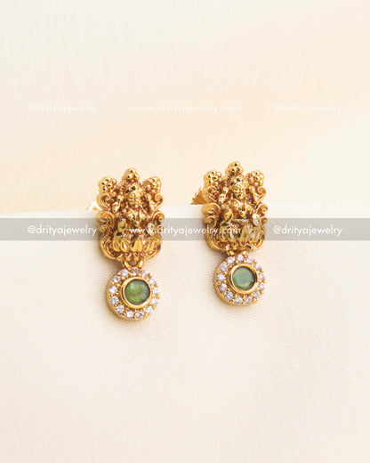 Lakshmi temple earrings with green stone drops